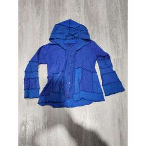 Beldan Blue Patchwork Hooded Cardigan Sweater Bell Sleeves M Used
